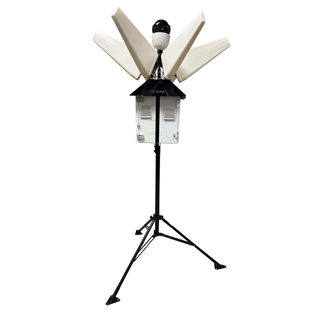 The Z-SCAN detection station on its tripod, with four panel antennas fanned out above the enclosure and an optical camera on top.